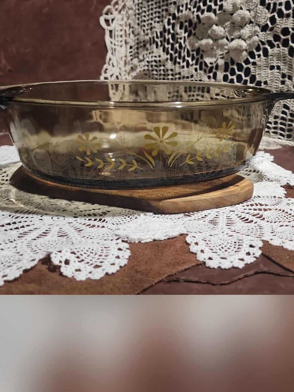 1970s Janette Glass Bake Oval Amber Floral Glass Baking Dish 11"